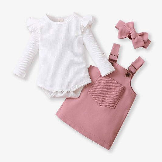 Cotton Ribbed Long-Sleeve Romper Set, Pink