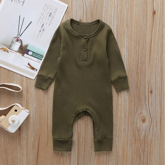 Ribbed Button Romper, Army Green