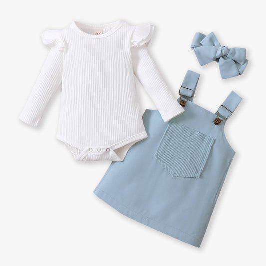 Cotton Ribbed Long Sleeve Romper Set, Light Blue